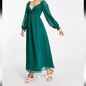ASOS DESIGN textured shirred wrap ruffle waist maxi dress in bottle green